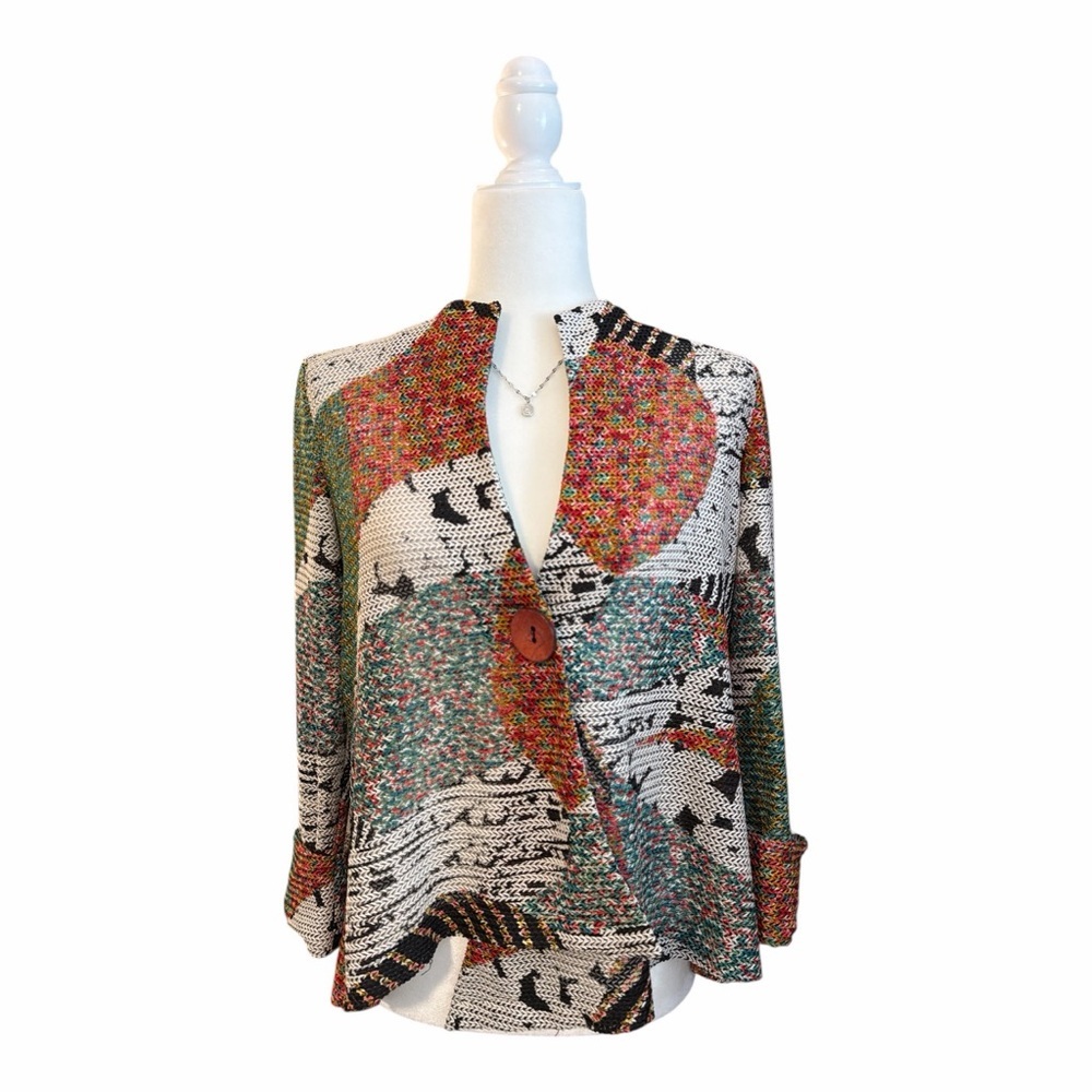 Joseph Ribkoff‎ Asymmetrical Open Knit Button Cardigan Size 4 Lagenlook Art Deco